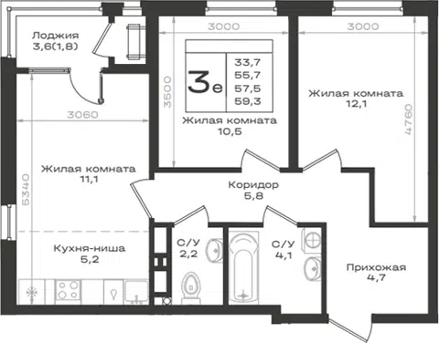 Планировка 3Е-к.кв