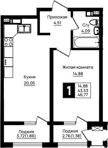 Планировка 1-к.кв