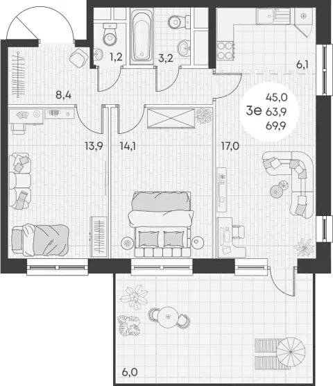 Планировка 3Е-к.кв
