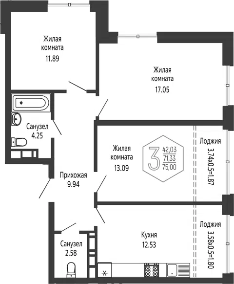 Планировка: 3-к.кв
