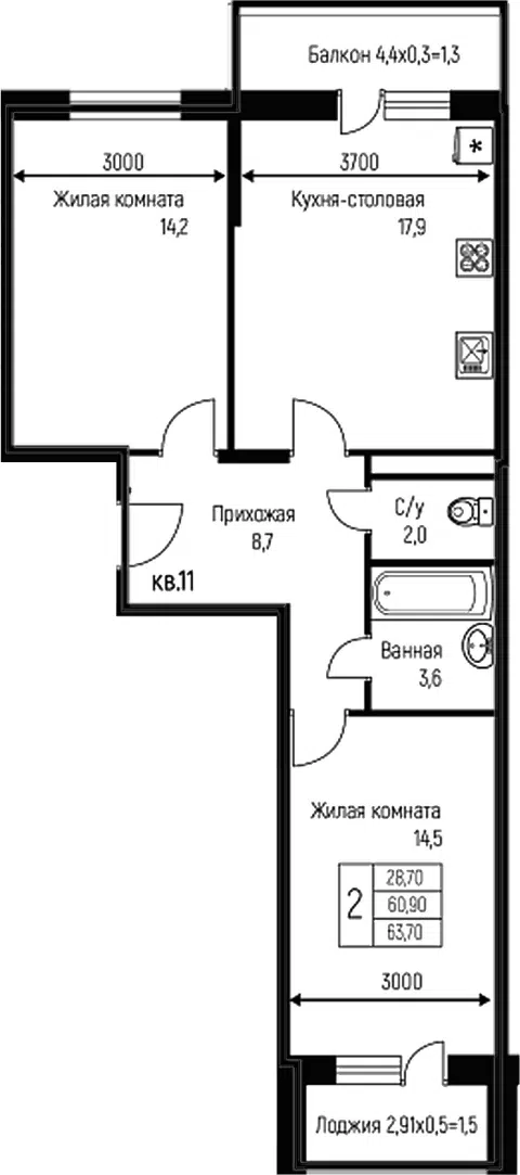 Планировка 3Е-к.кв