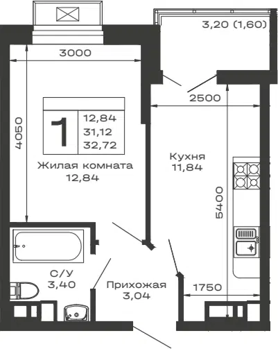 Планировка 1-к.кв