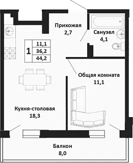 Планировка 2Е-к.кв