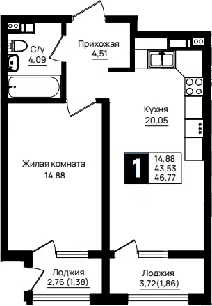 Планировка 1-к.кв