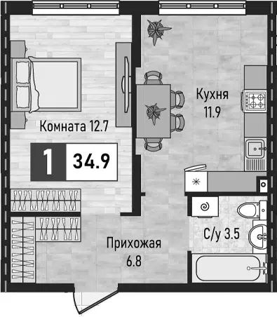 Планировка 1-к.кв
