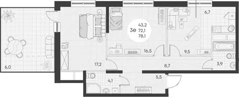 Планировка 3Е-к.кв