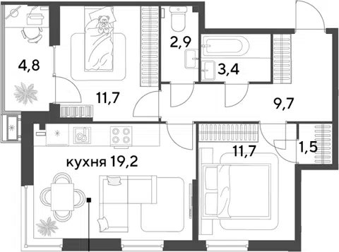 Планировка 3Е-к.кв