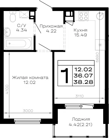 Планировка 1-к.кв