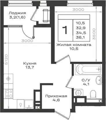 Планировка 1-к.кв
