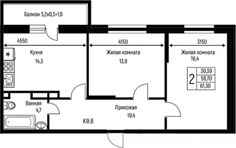 Планировка 2-к.кв