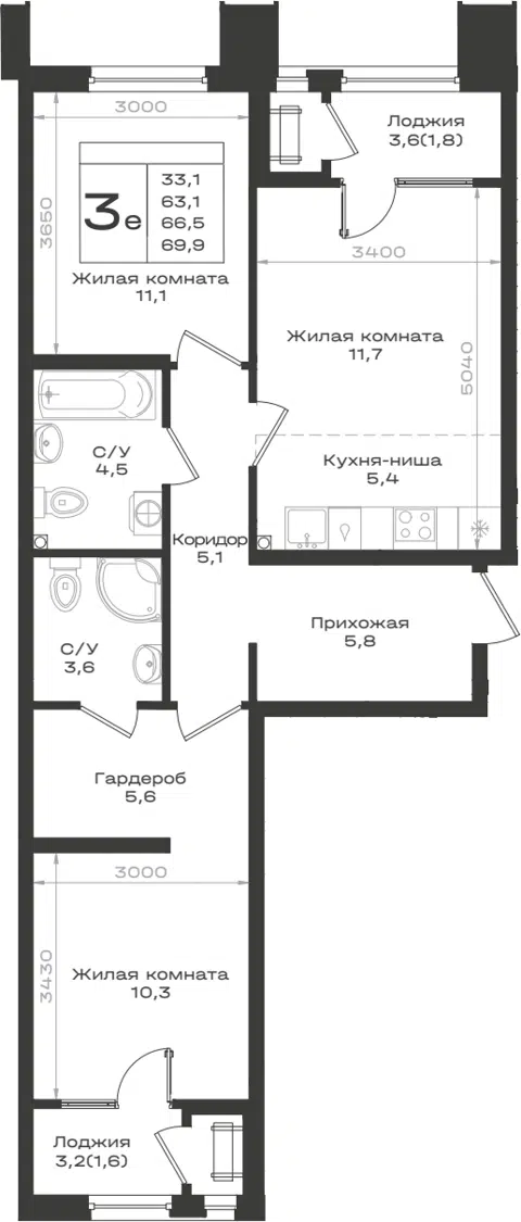 Планировка 3Е-к.кв