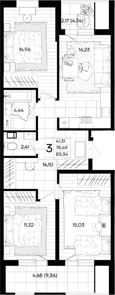 Планировка 3-к.кв