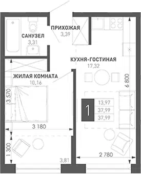 Планировка 1-к.кв