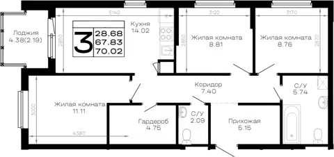 Планировка 3-к.кв