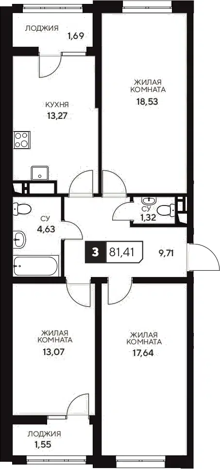 Планировка 3-к.кв