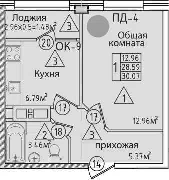 Планировка 1-к.кв