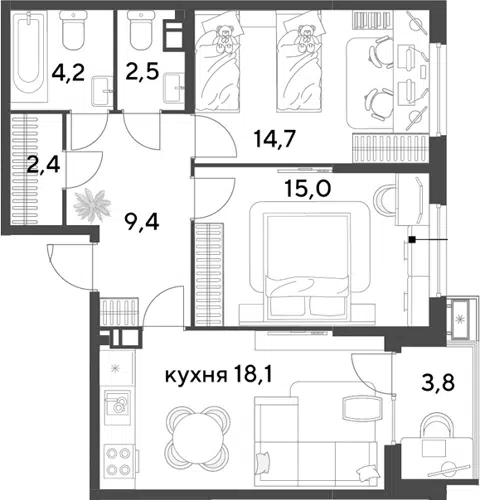 Планировка 3Е-к.кв