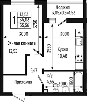 Планировка 1-к.кв