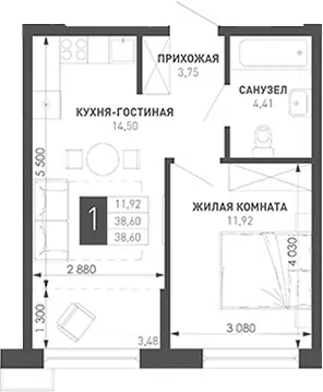 Планировка 1-к.кв