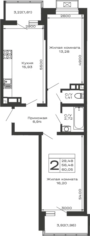 Планировка 2-к.кв