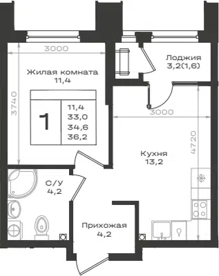 Планировка 1-к.кв