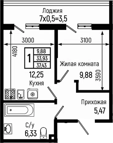 Планировка 1-к.кв