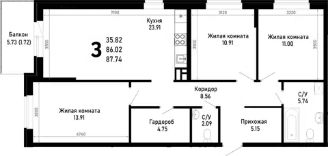 Планировка 3-к.кв
