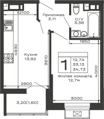Планировка 1-к.кв