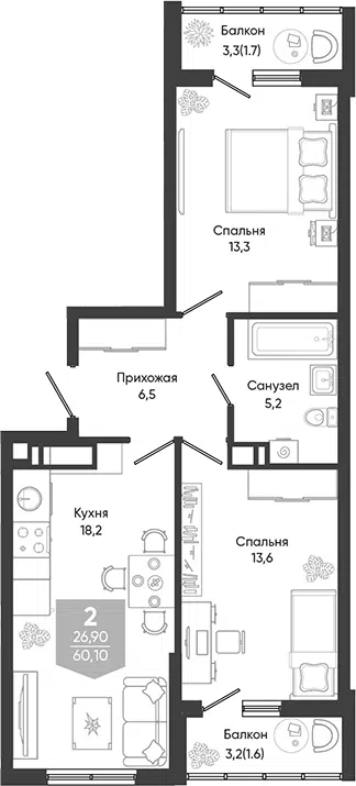 Планировка 3Е-к.кв