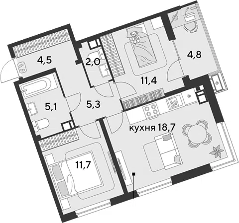 Планировка 3Е-к.кв