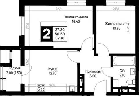 Планировка 2-к.кв