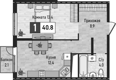 Планировка 1-к.кв