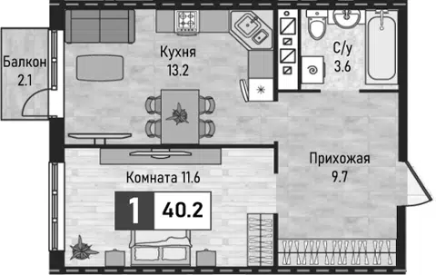 Планировка 1-к.кв