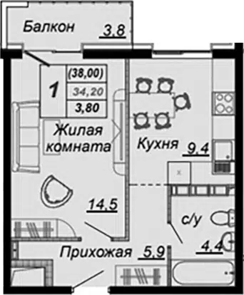 Планировка 1-к.кв