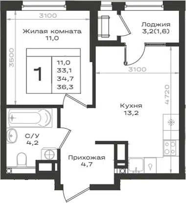 Планировка 1-к.кв