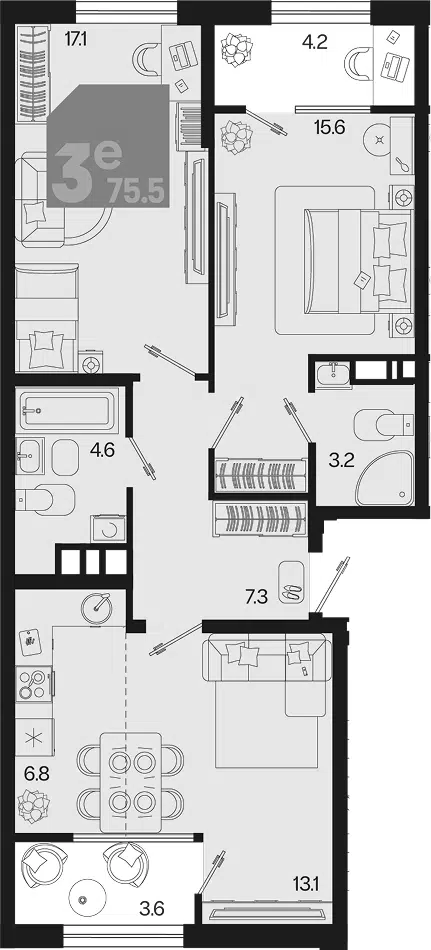 Планировка 3Е-к.кв