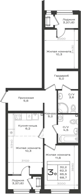 Планировка 3Е-к.кв