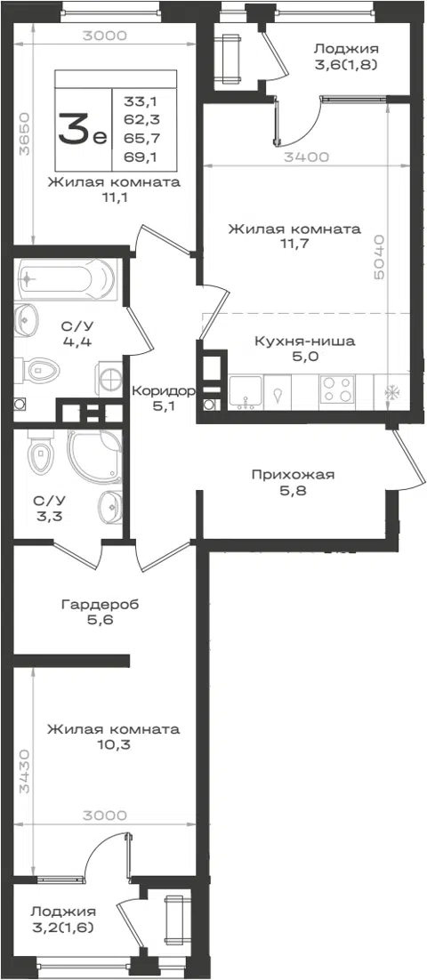 Планировка 3Е-к.кв