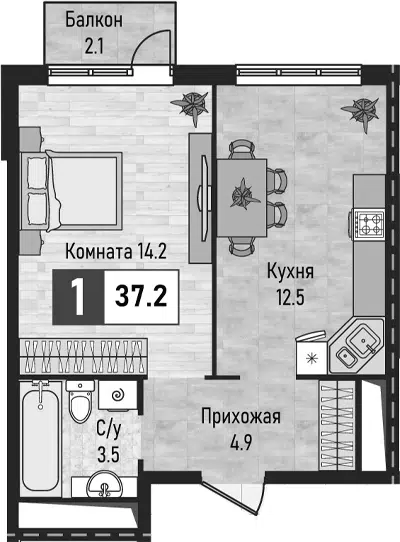 Планировка 1-к.кв