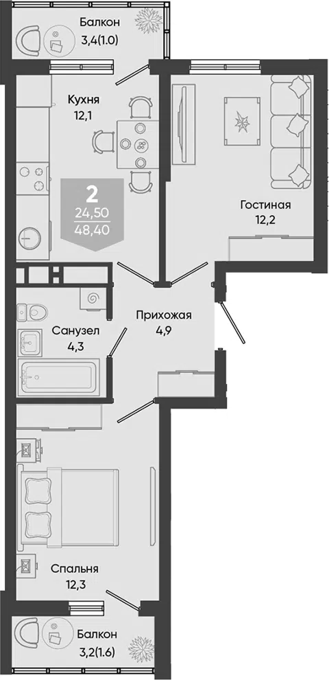 Планировка 2-к.кв