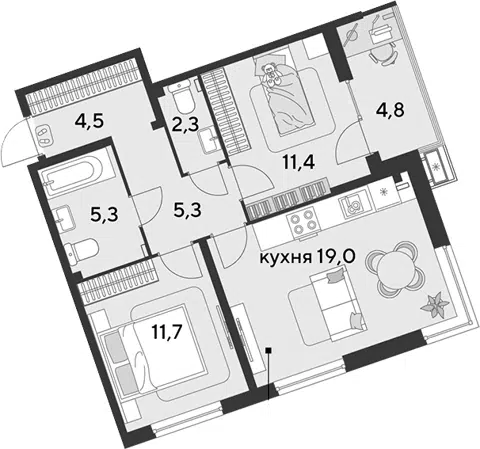 Планировка 3Е-к.кв