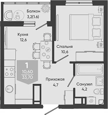 Планировка 1-к.кв