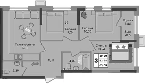 Планировка 3-к.кв