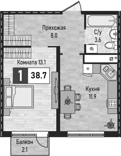 Планировка 1-к.кв