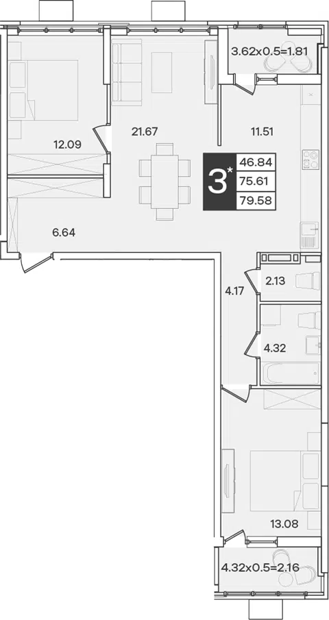 Планировка 3Е-к.кв