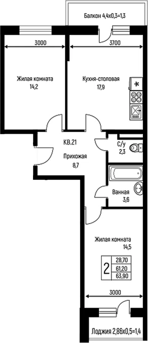 Планировка 3Е-к.кв