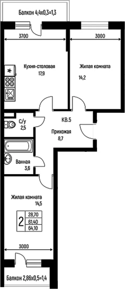 Планировка 3Е-к.кв