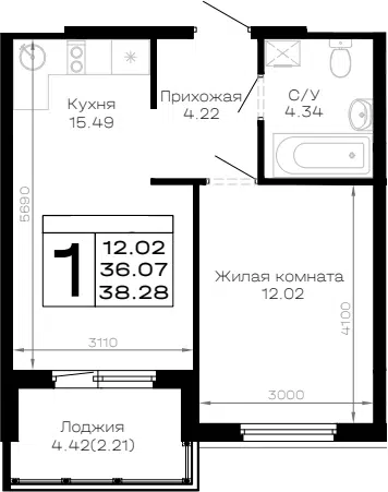 Планировка 1-к.кв