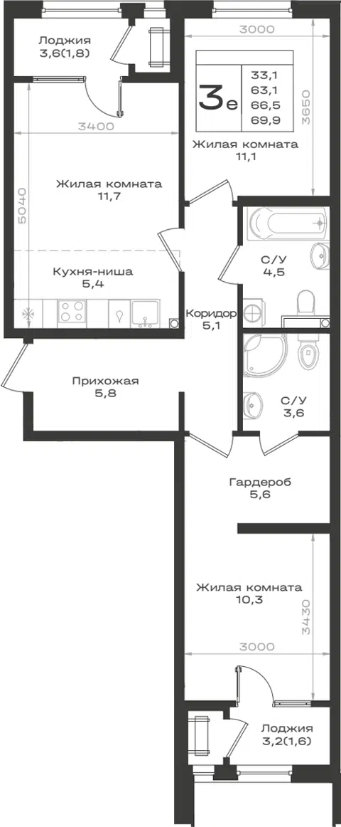 Планировка 3Е-к.кв