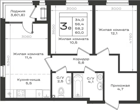 Планировка 3Е-к.кв